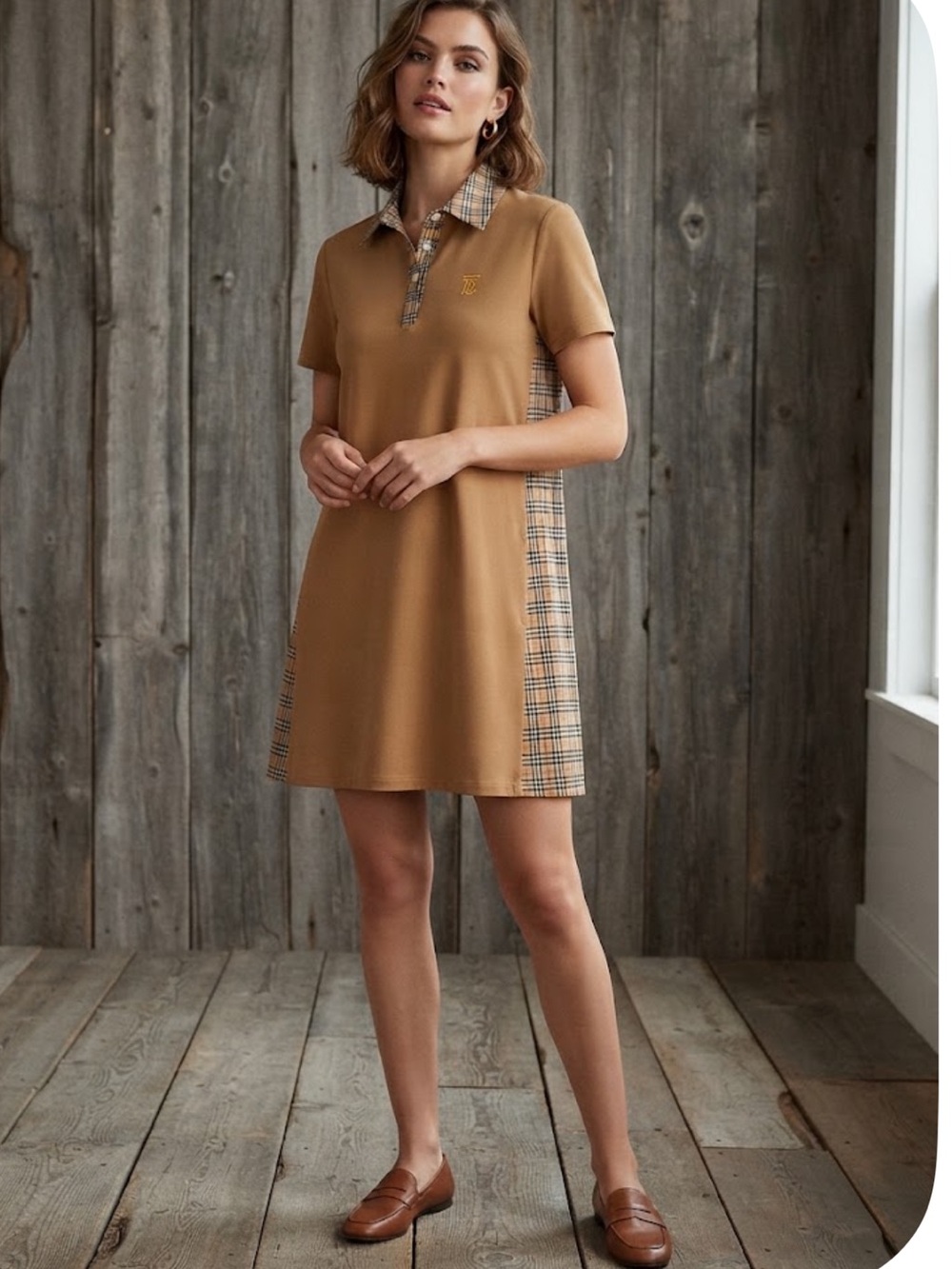 Burberry Polo Shirt  Dress in Camel with Check Trim size S/M